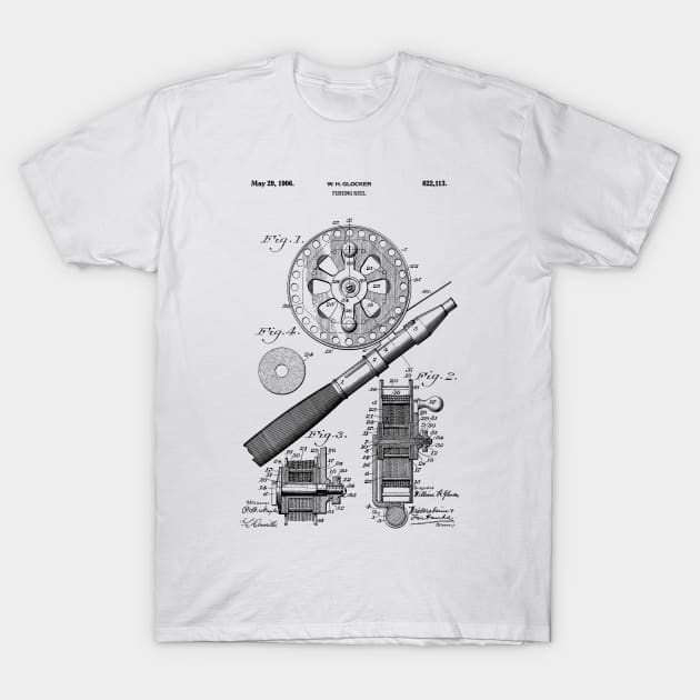 PATENT DRAWING / 1906 - Fishing Reel - black T-Shirt by Daniel Coulmann